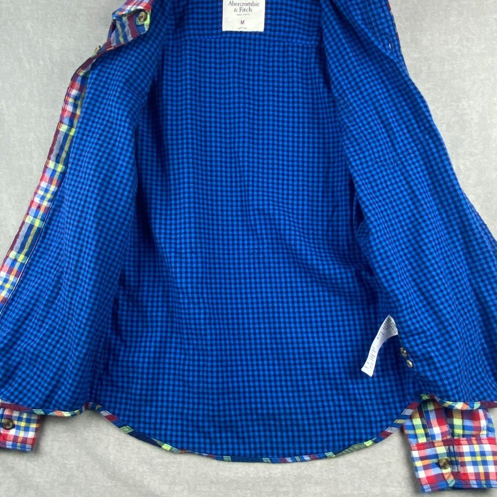 Abercrombie & Fitch Shirt Mens‎ Medium Muscle Flannel Blue Green Plaid Button Up - Picture 7 of 13